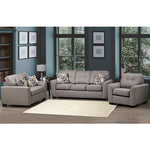 Gray sofa set with decorative pillows in a living room setting.