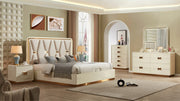 Modern bedroom with beige furniture set including bed, nightstands, and dresser.
