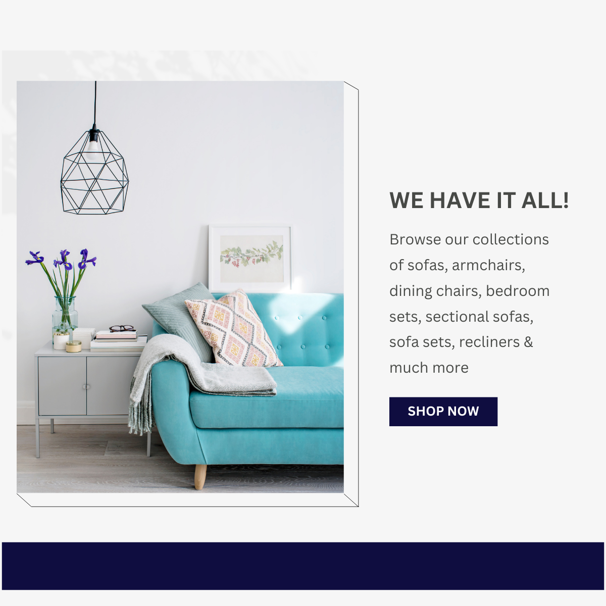 Teal sofa in a living room setting with decorative elements and text promoting furniture collections.