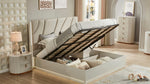 Modern bedroom with a bed featuring an open storage compartment.