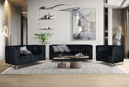 Modern living room with black sofa set and abstract art on the wall