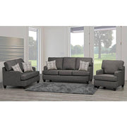Gray sofa set with patterned cushions in a living room setting.