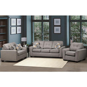 Gray sofa set with decorative pillows in a living room setting.