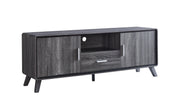 Wooden TV stand with a dark finish on a white background