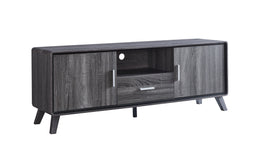 Wooden TV stand with a dark finish on a white background