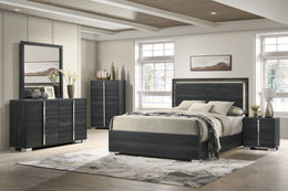 Modern bedroom with dark wood furniture including a bed, dresser, and nightstands.