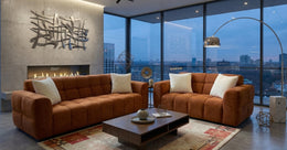 Modern living room with brown sectional sofa, coffee table, and cityscape view.
