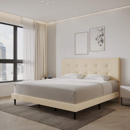 Mid-Century Tufted Upholstered Platform Bed – Beige - Image 1