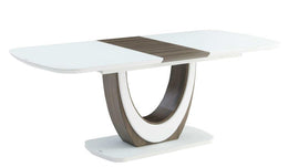 Modern dining table with a white top and brown circular base on a white background