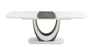 Modern dining table with a white top and brown base on a white background