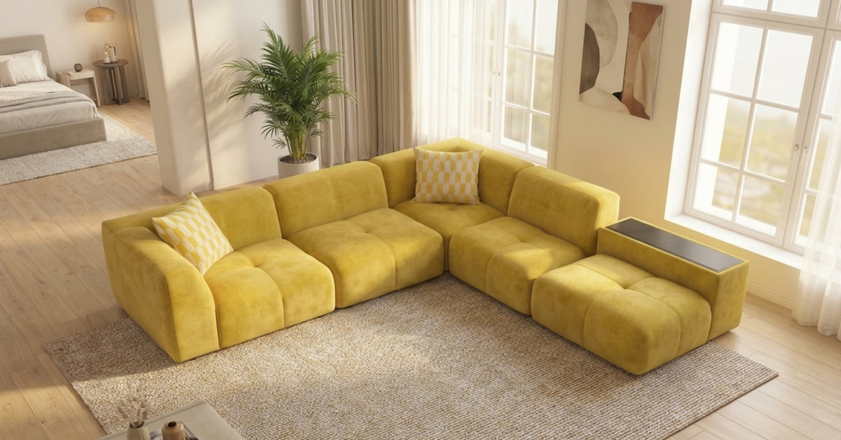 Yellow sectional sofa in a living room with a plant and window in the background